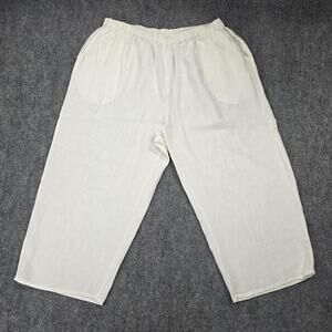 Flax Pants Womens 3G Natural Off White Linen Elastic Waist Wide Leg Pockets Plus